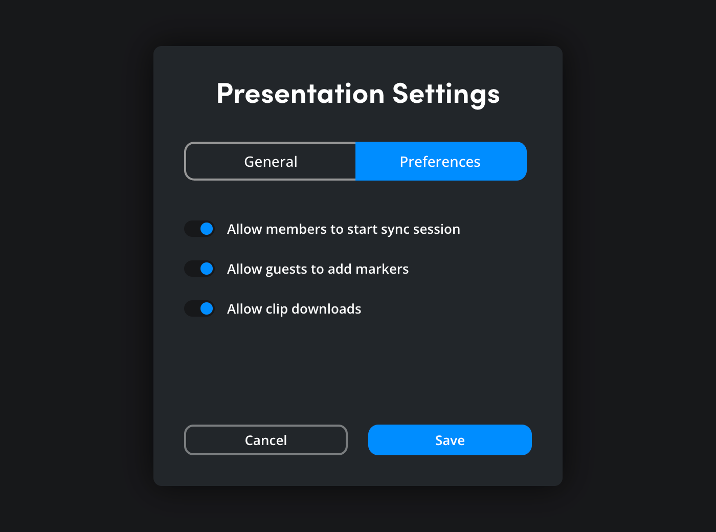 The preferences tab of the presentation settings window with toggles to allow sync sessions, guest markers and clip downloads