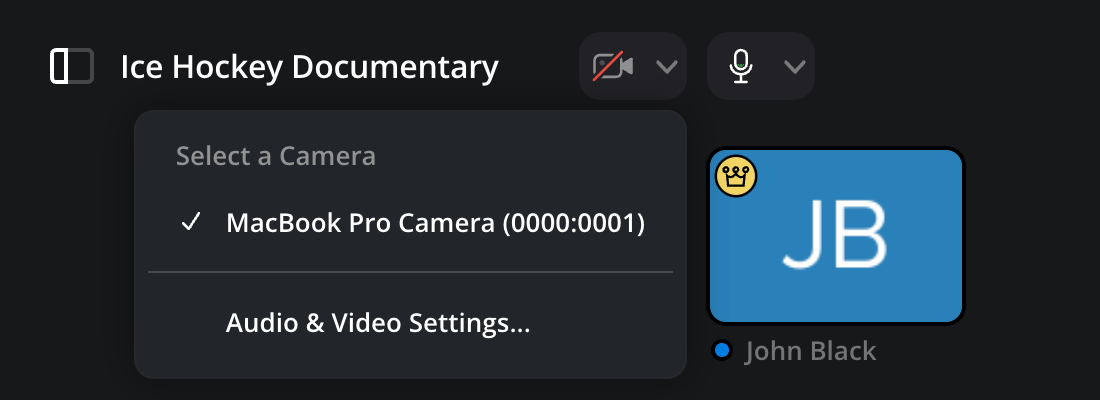 The camera menu open showing the available cameras and the audio and video settings option