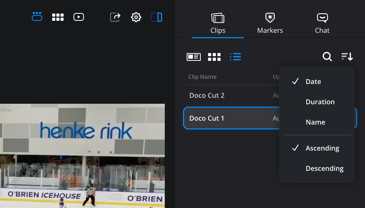 The clips tab with the sort menu open showing options to sort clips by date, duration or name in ascending or descending order