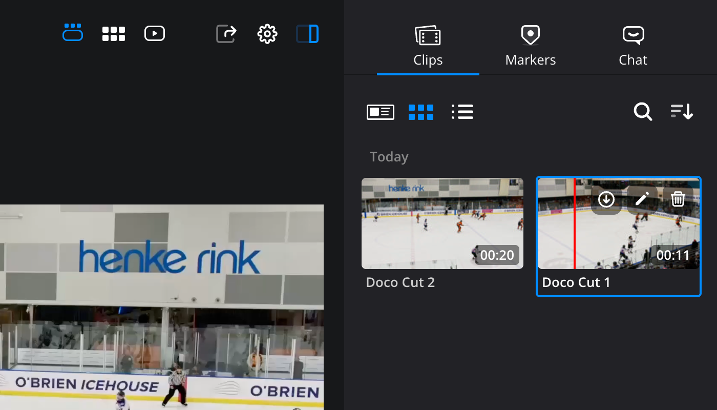 The clips tab in thumbnail view with the metadata, thumbnail and list view icons in the top left