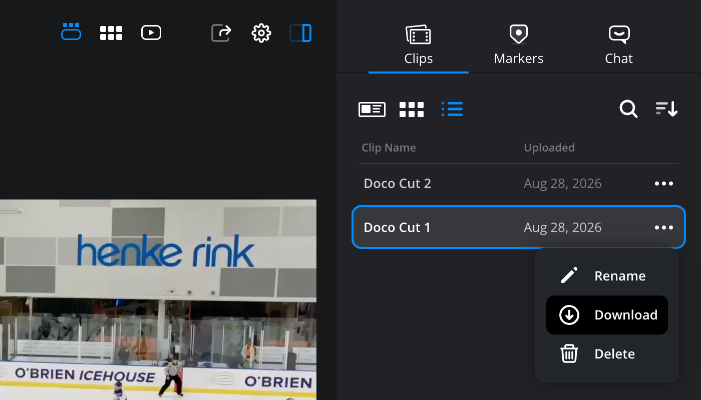 The clips tab in list view with the three dot menu open showing rename, download and delete options