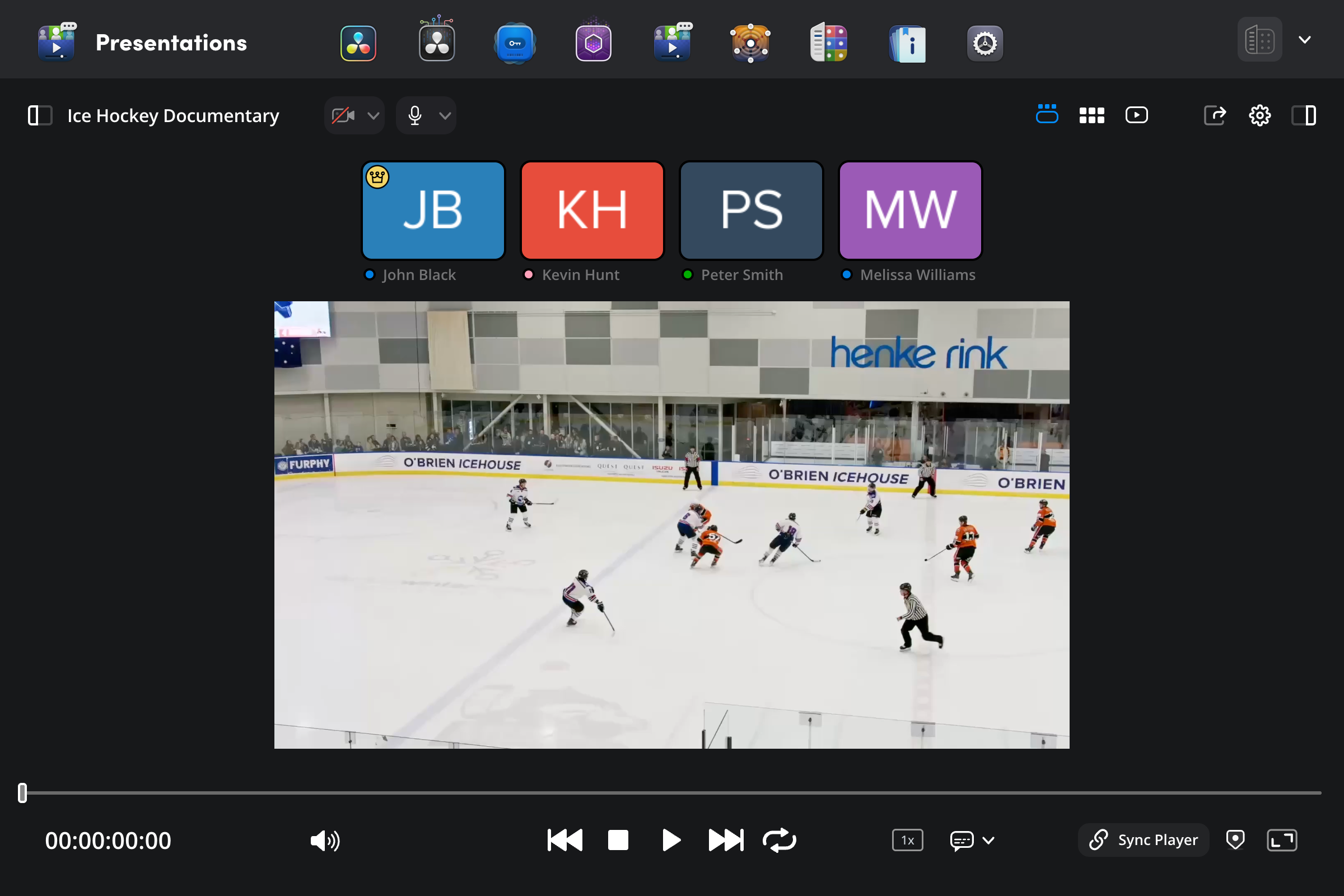 Presentation view with each user's live thumbnail in a strip above the video viewer