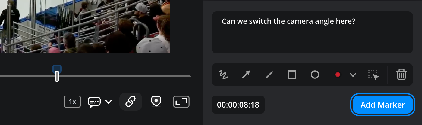 A comment typed in the text box with the annotation controls below it and the add marker button highlighted