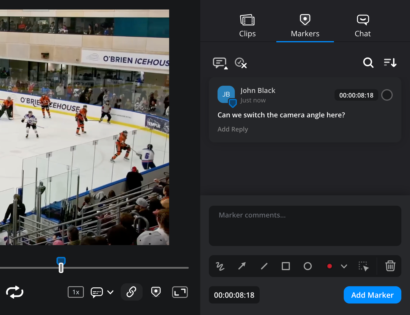 A marker and comment displayed in the markers tab list and on the timeline in the viewer