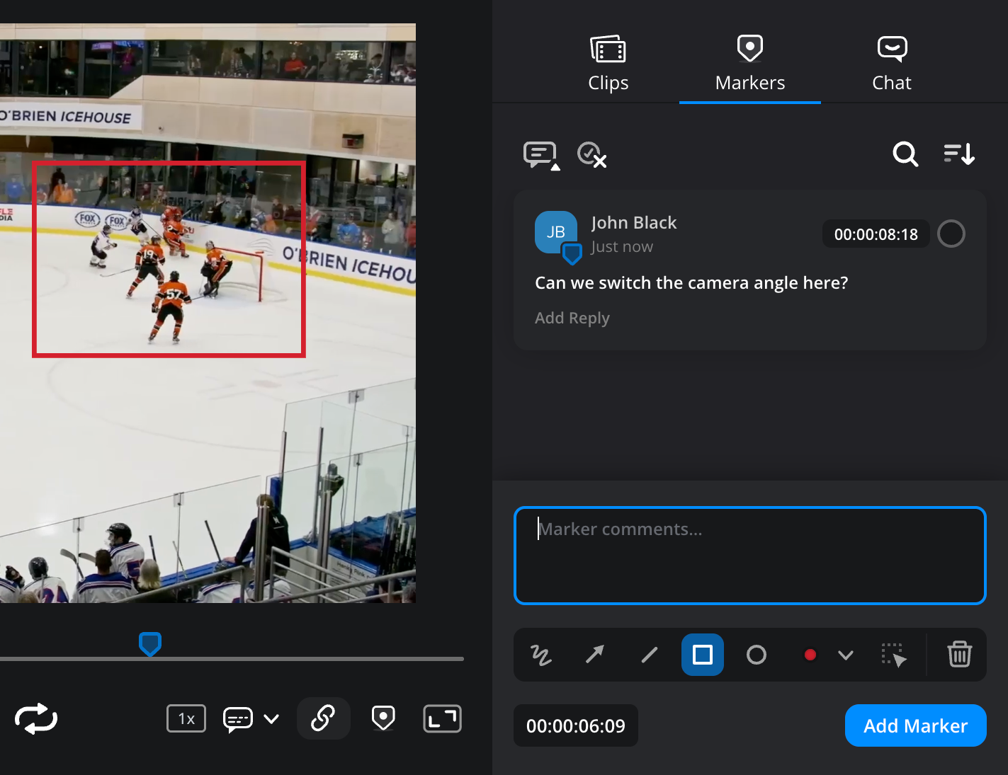 A rectangle annotation drawn over the action on the clip in the viewer