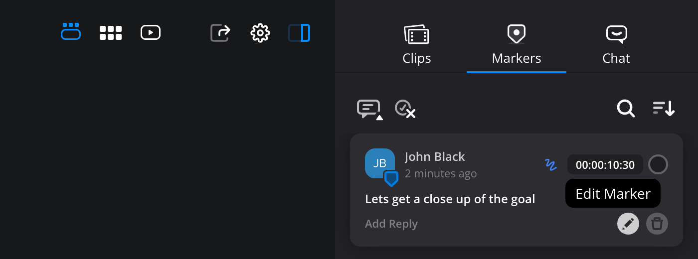 A marker tile in the markers tab with the edit marker and delete marker options revealed on hover