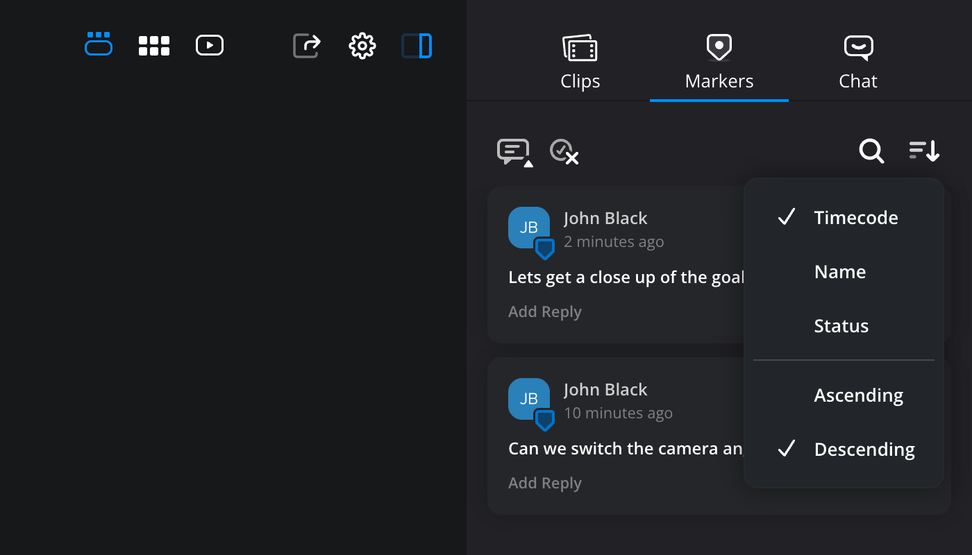 The markers tab with the sort menu open showing options to sort markers by timecode, name or status