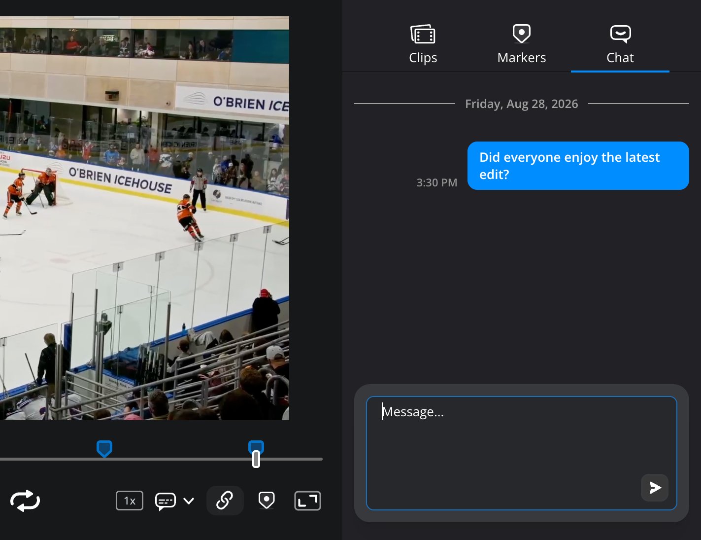 The chat tab showing a text message in the chat window and the message box at the bottom