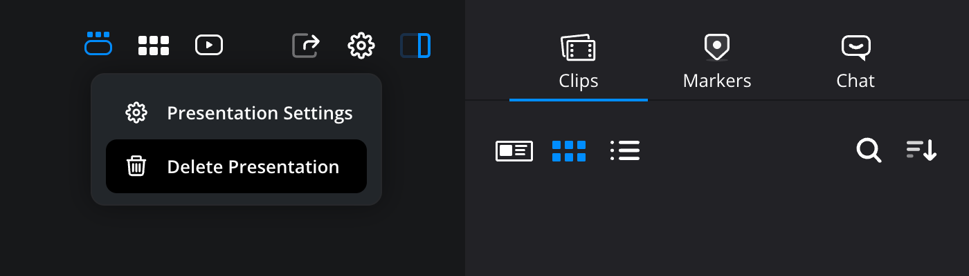 The settings menu open above the viewer showing the presentation settings and delete presentation options