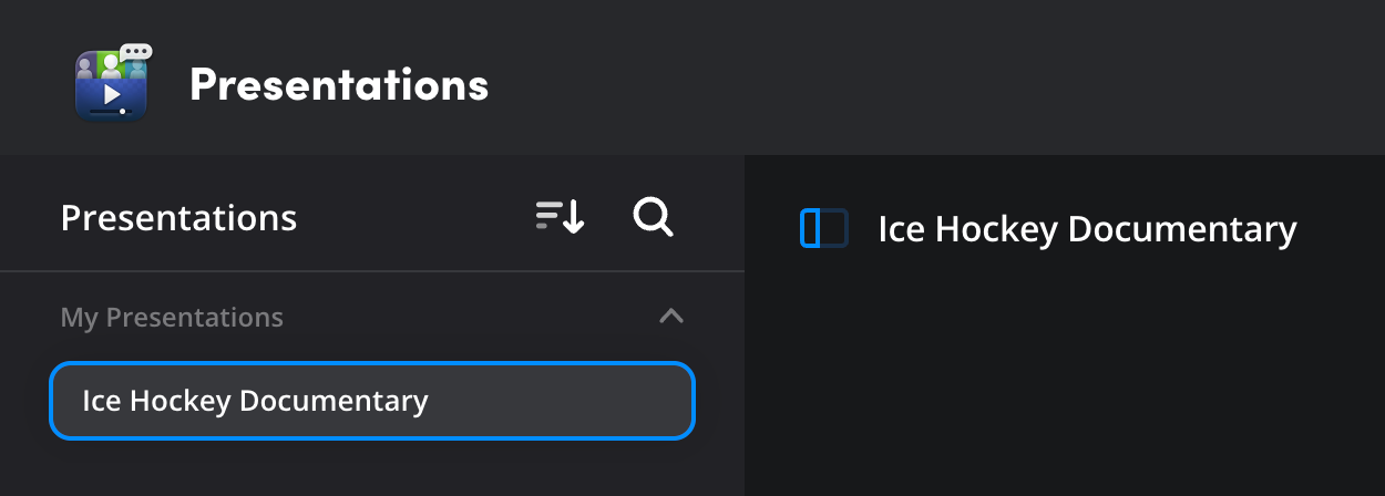 The new presentation listed under the my presentations heading in the left hand panel
