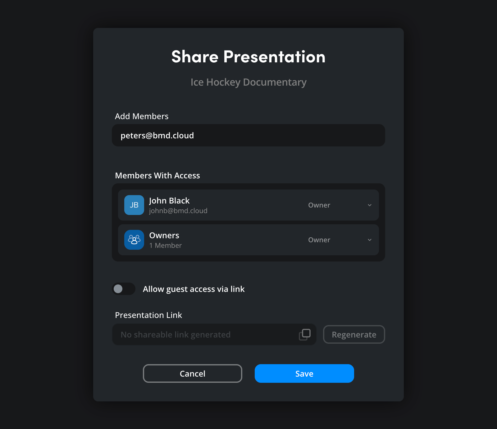 The share presentation window with the add members field and the members with access list