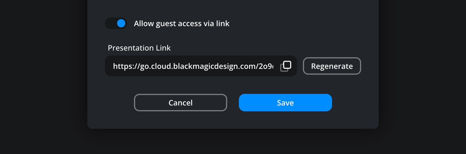 The allow guest access via link toggle enabled with a generated link in the presentation link box