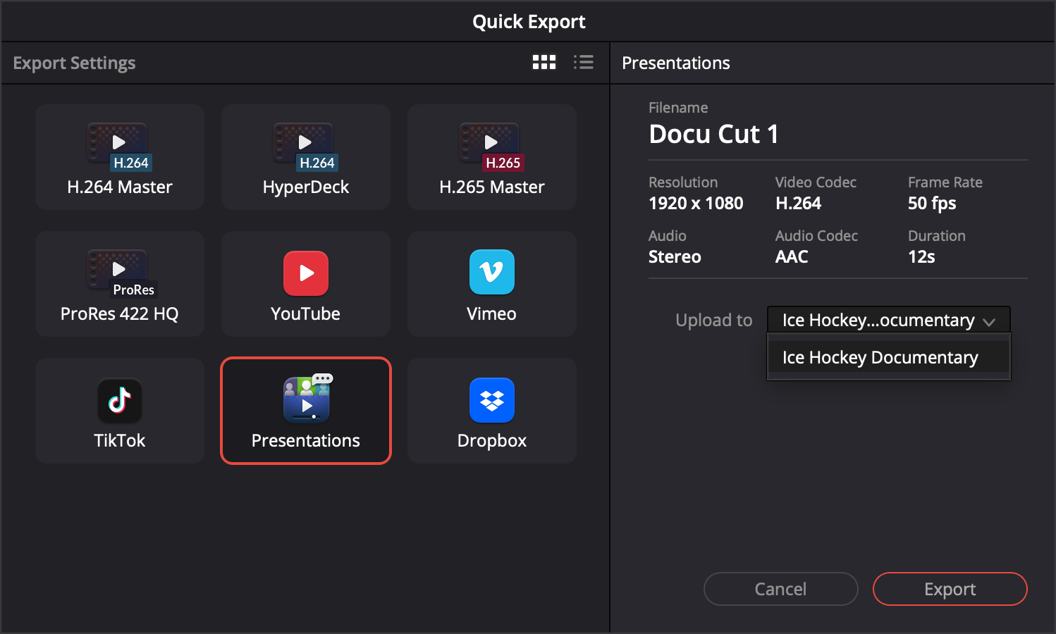 The quick export window with the presentations icon selected and the upload to menu showing a presentation