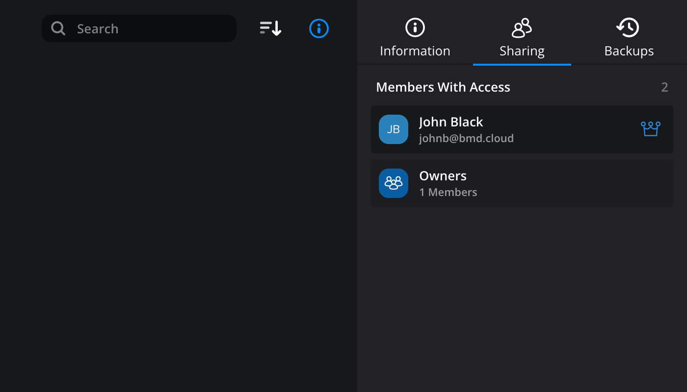 The sharing tab listing the members with access to a project library