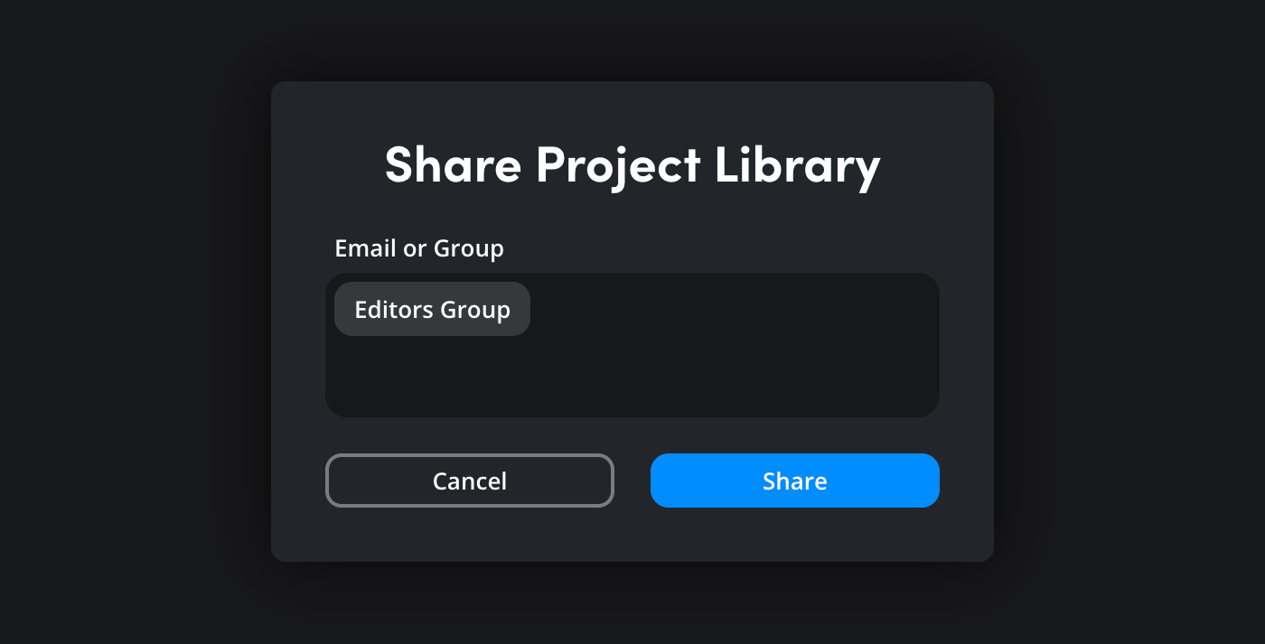 The share project library window with a group entered in the email or group field