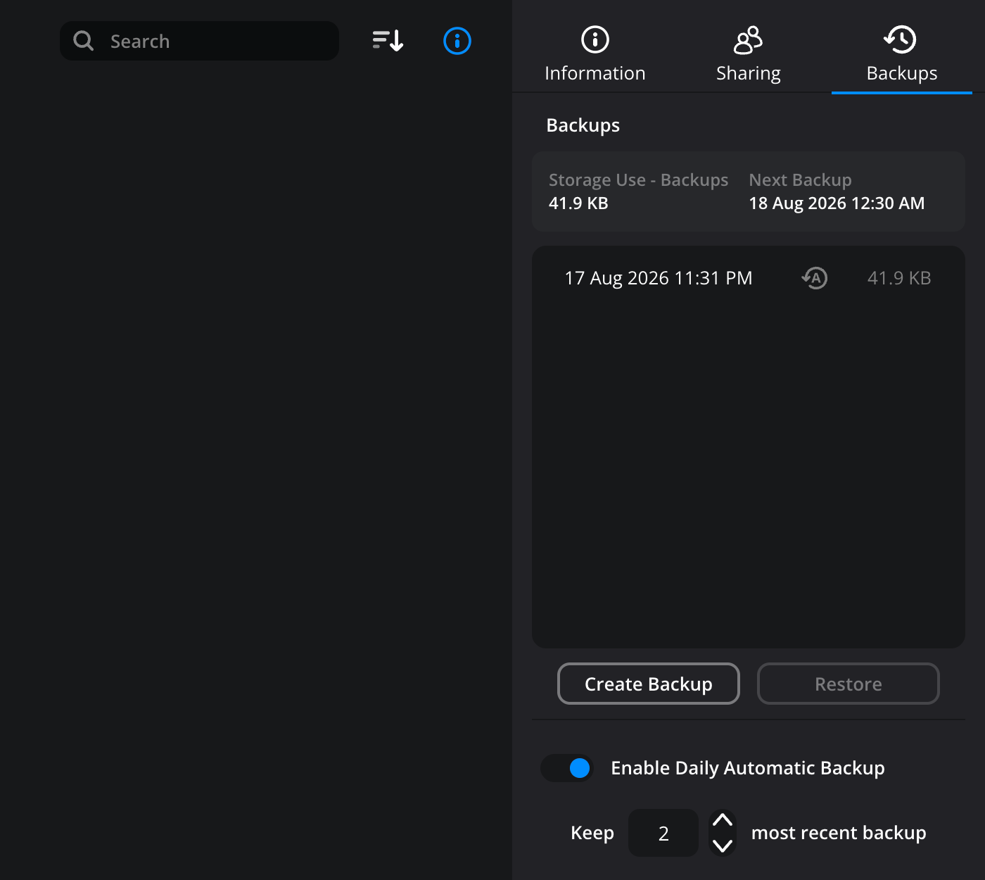 The backups tab showing backup storage use, the next scheduled backup, the list of current backups, the create backup and restore buttons and the daily automatic backup settings