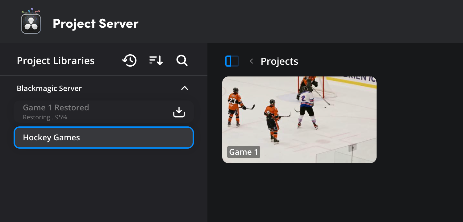 A restore in progress with a percentage indicator next to the restored project library in the project libraries panel