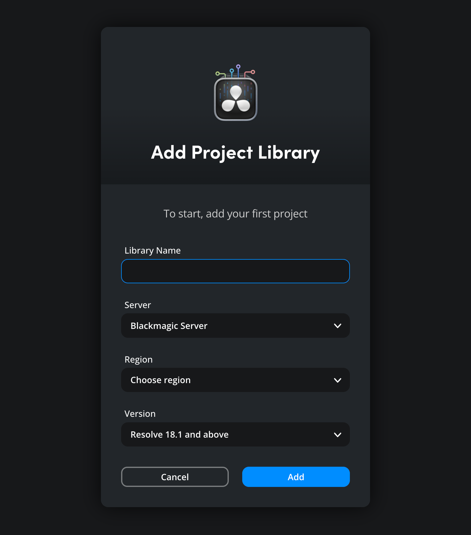 The add project library window with library name, server, region and version options