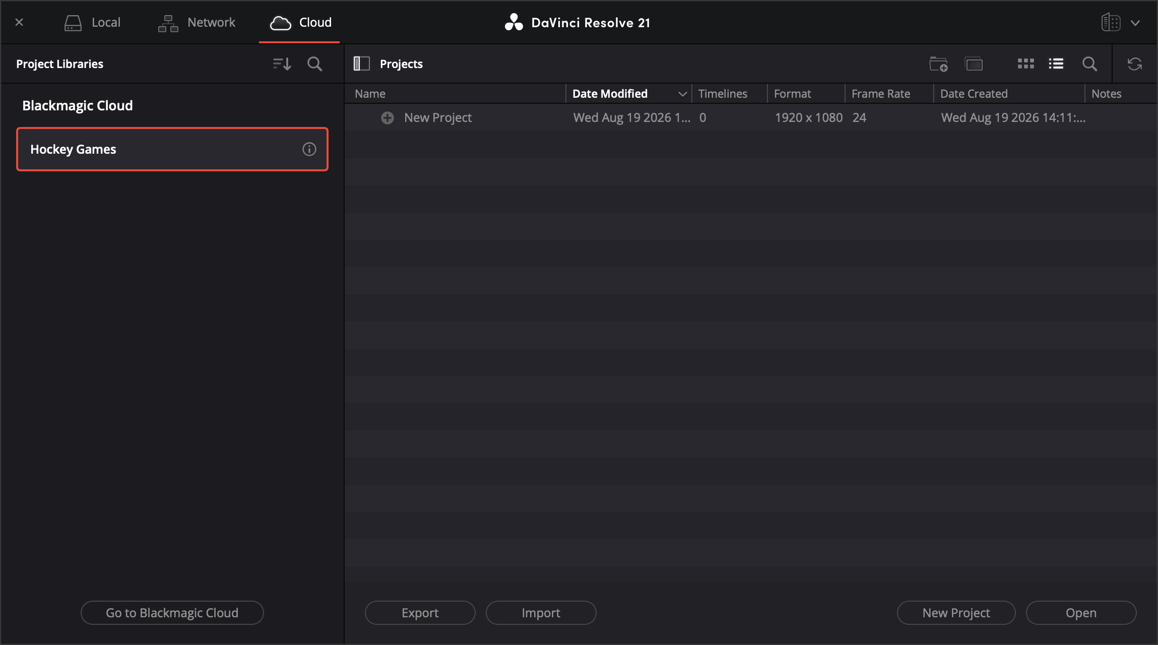 The cloud tab of the DaVinci Resolve project manager window with a project library selected and the new project button at the bottom right