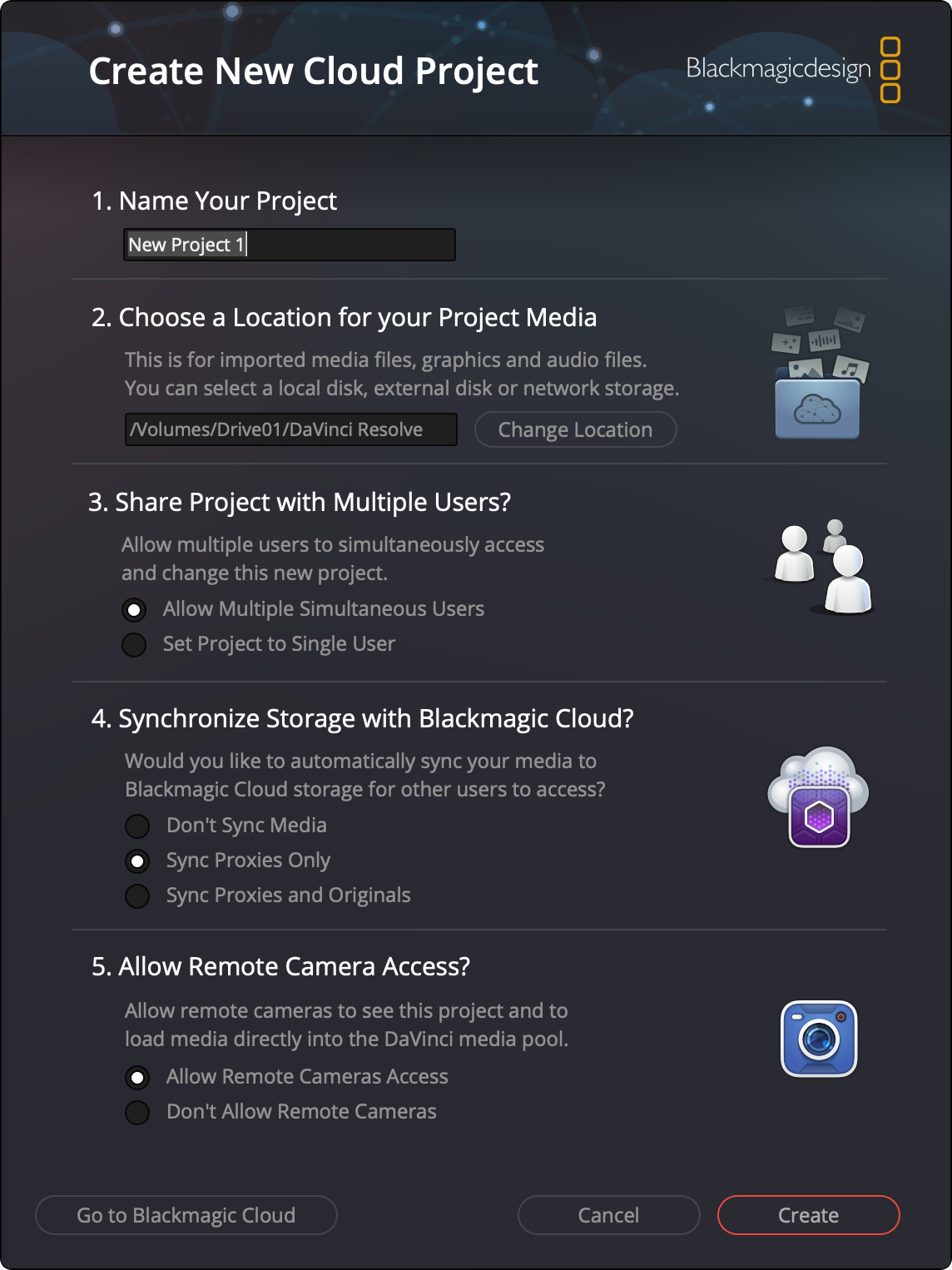 The create new cloud project window showing the project name, media location, multiple user, storage synchronization and remote camera access settings