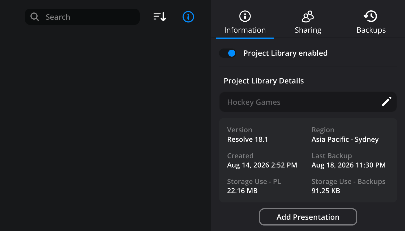 The information tab of the project server page showing the project library enabled toggle, project library details and the add presentation button