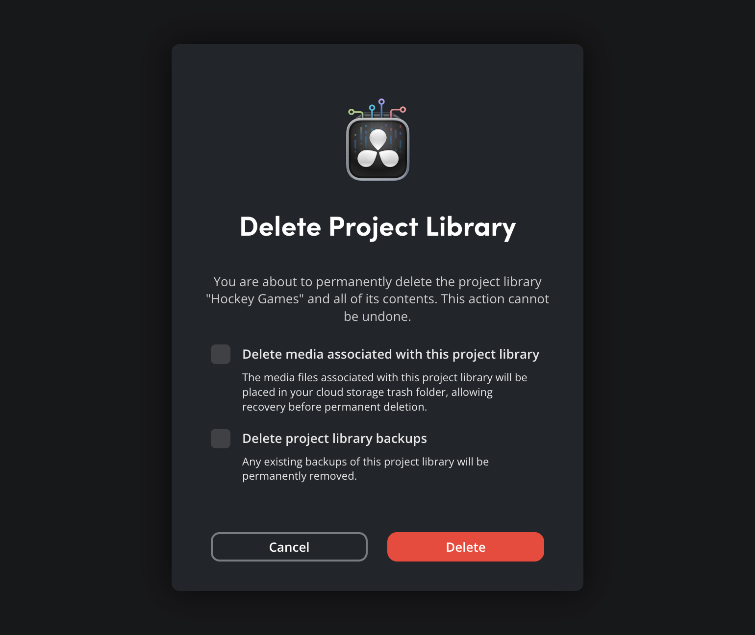 The delete project library window with checkboxes to delete associated media and project library backups