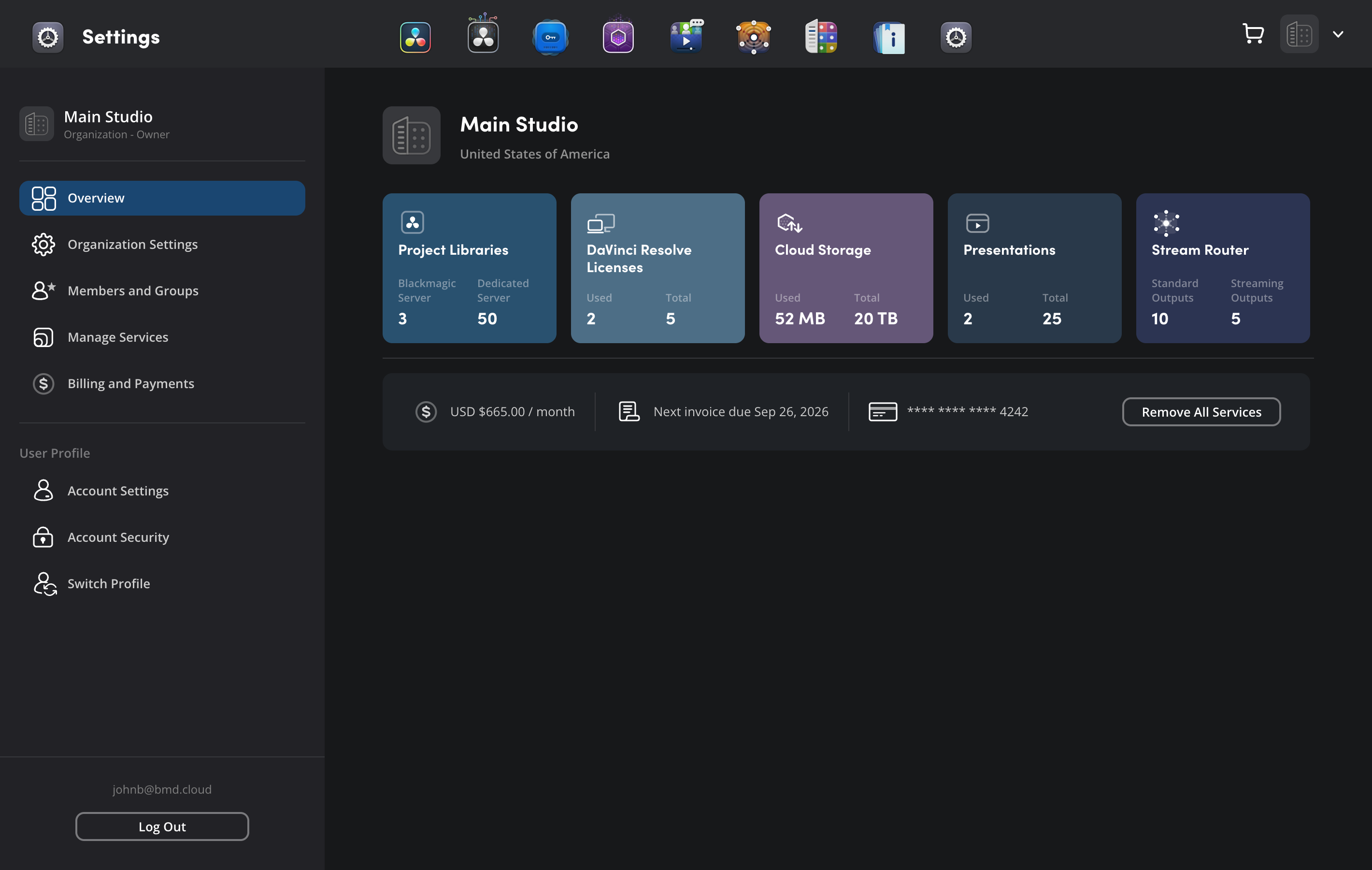 The Settings page showing sidebar with menu options and Overview tab displaying service usage cards