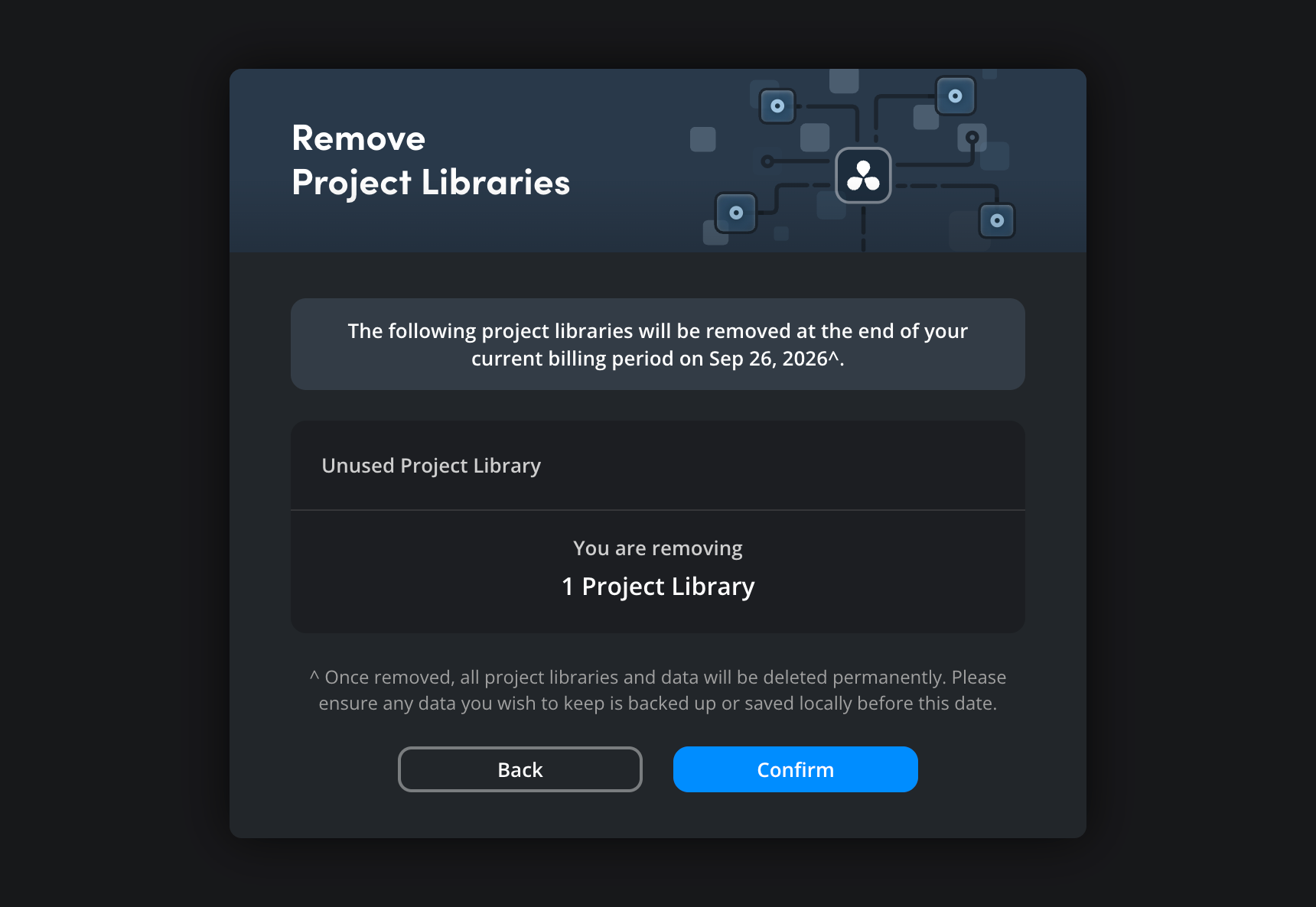 The Remove Project Libraries confirmation dialog with removal date and data deletion warning