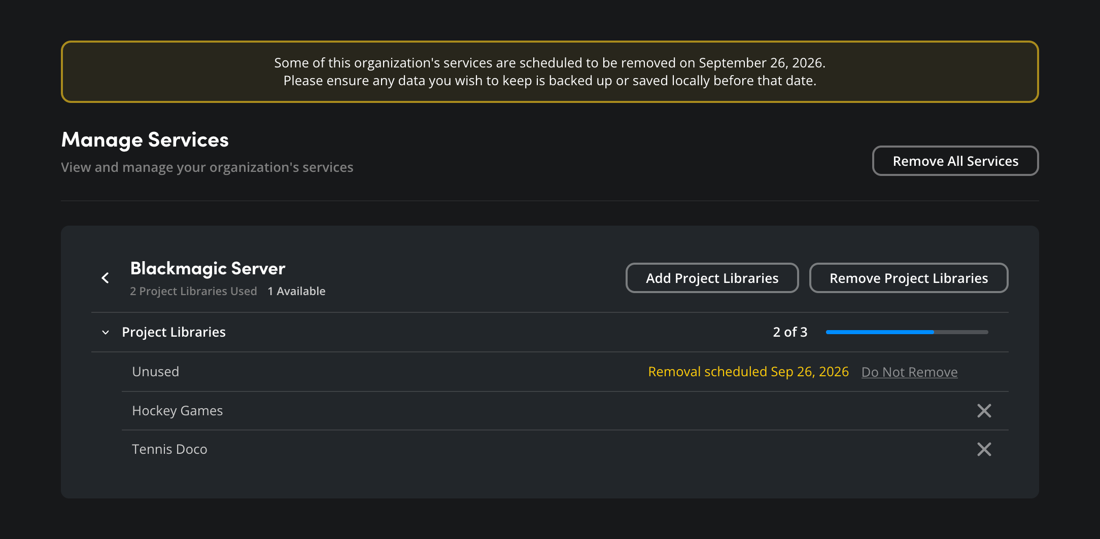 The Blackmagic Server page showing removal reminder banner and scheduled removal dates