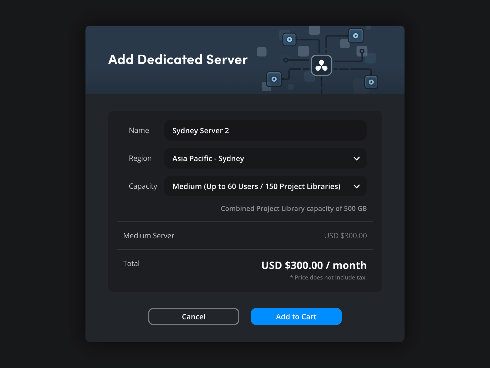 The Add Dedicated Server dialog with name field, region and capacity selectors
