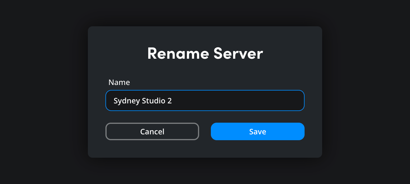The Rename Server dialog with input field and Save button