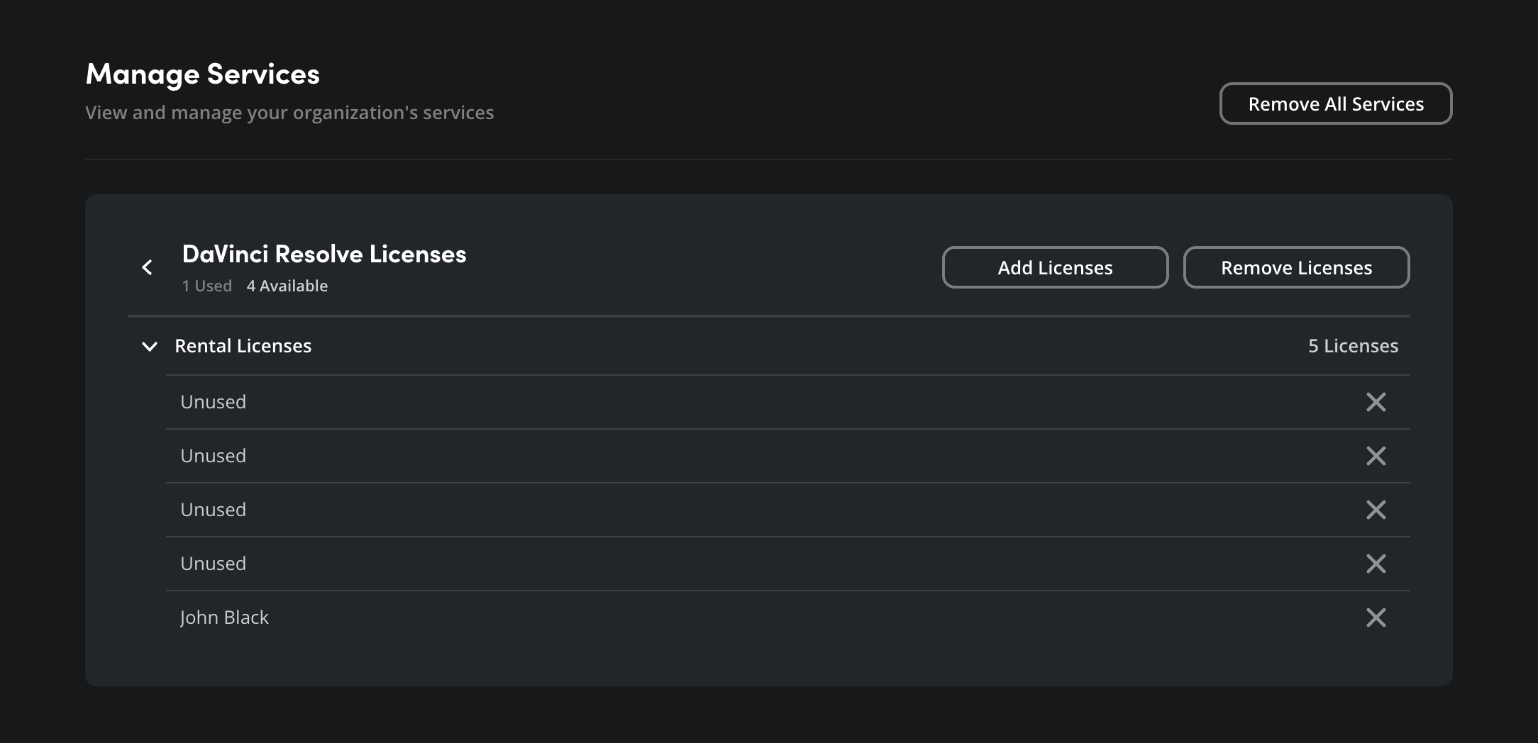 The DaVinci Resolve Licenses page showing rental license options and Add/Remove buttons