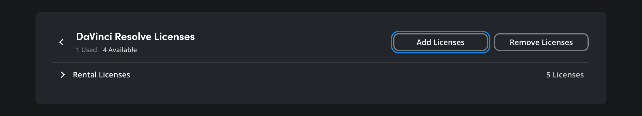 The DaVinci Resolve Licenses section showing Add License button