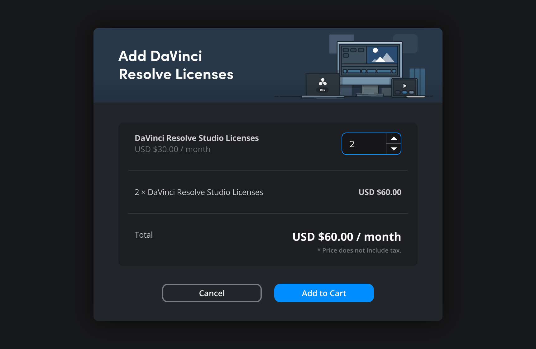 The Add DaVinci Resolve Licenses dialog with quantity selector