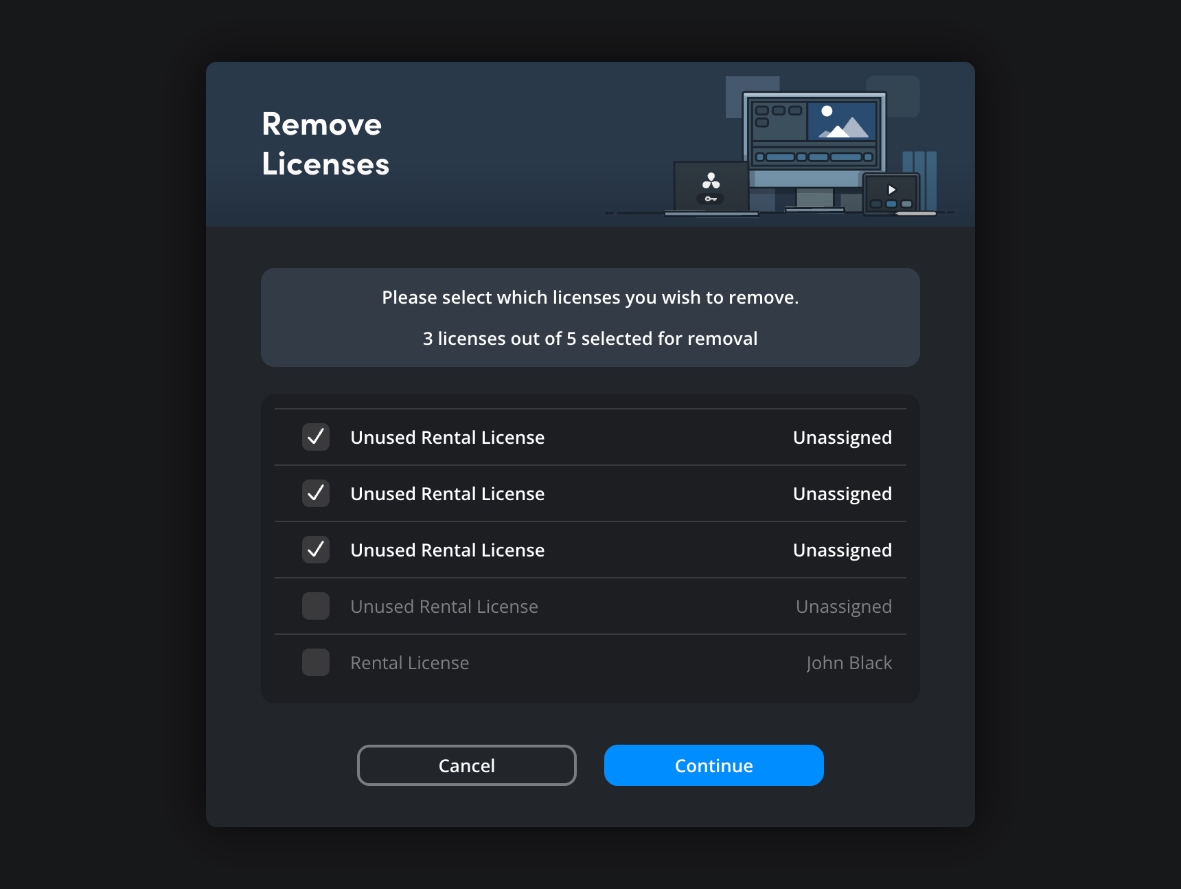 The Remove Licenses dialog with checkboxes for selecting licenses to remove