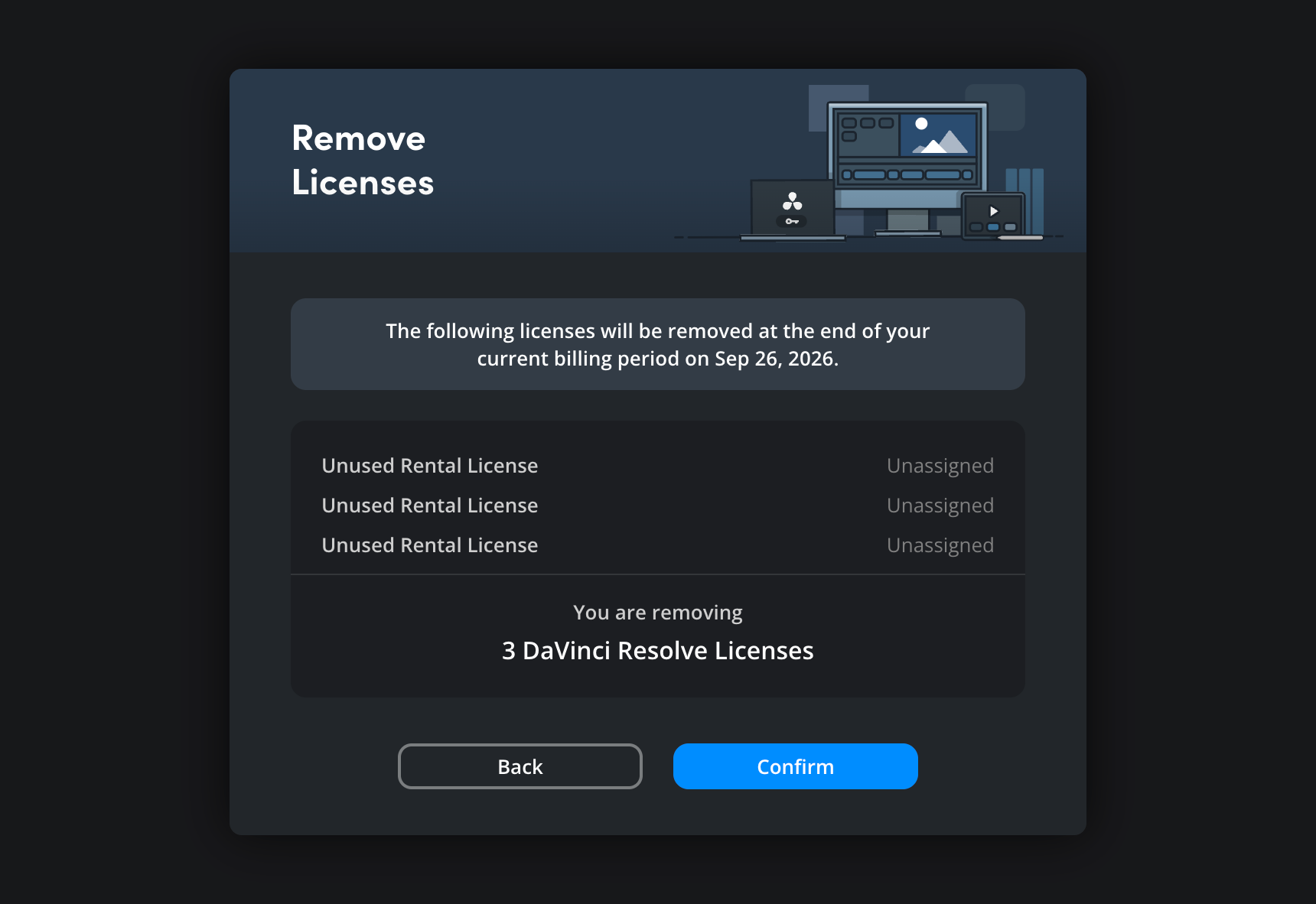 The Remove Licenses confirmation dialog with Confirm button