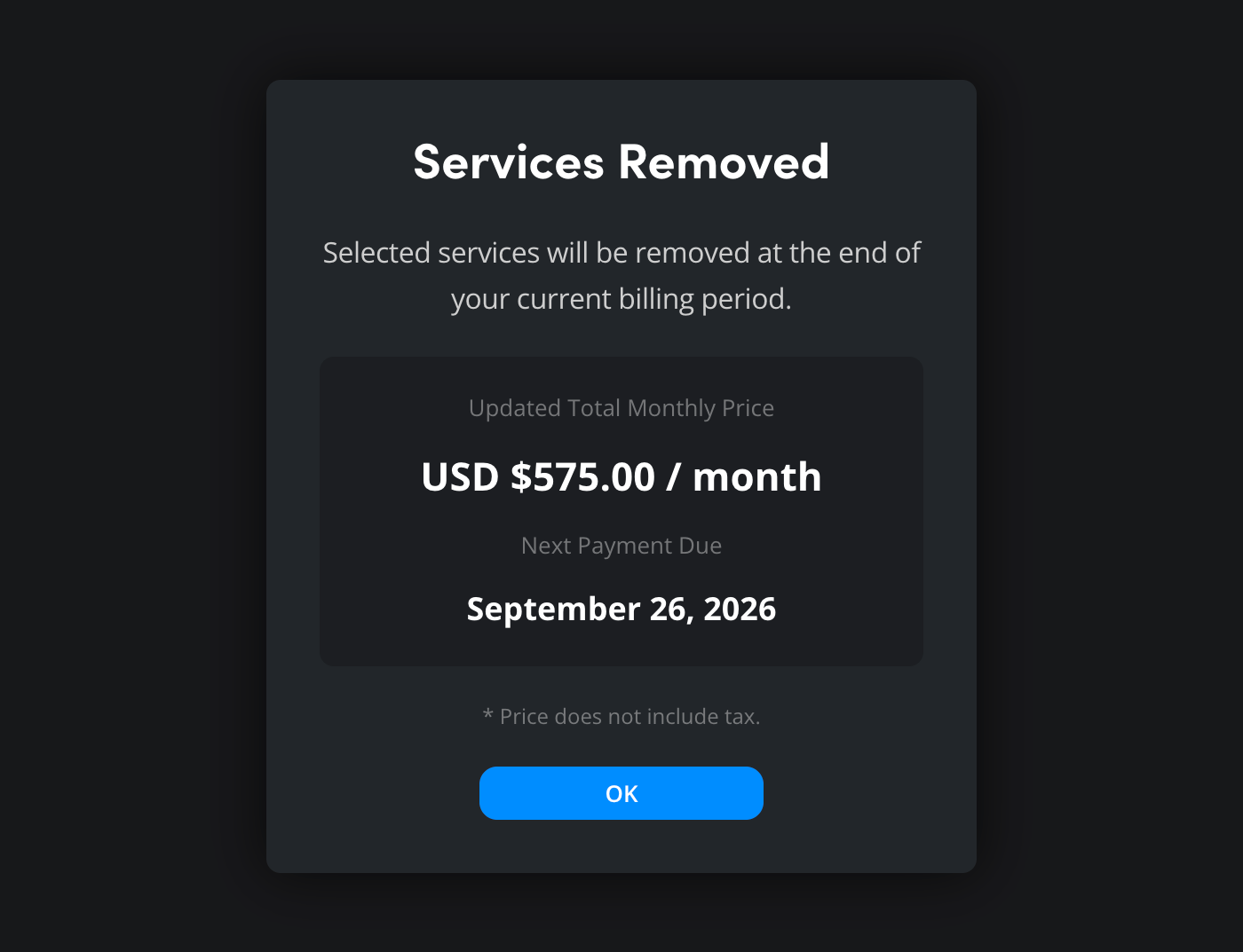 The Services Removed notification showing updated monthly pricing for services