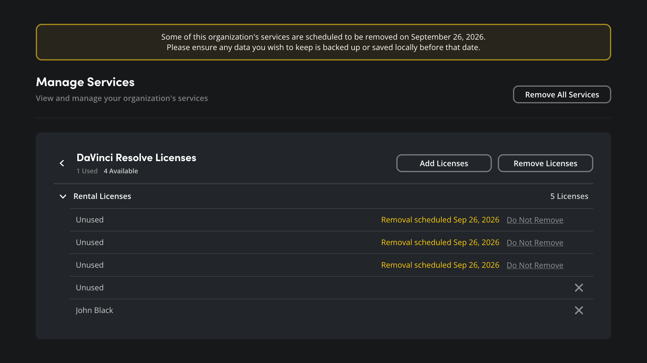 The Rental Licenses expanded list showing Do Not Remove links next to licenses