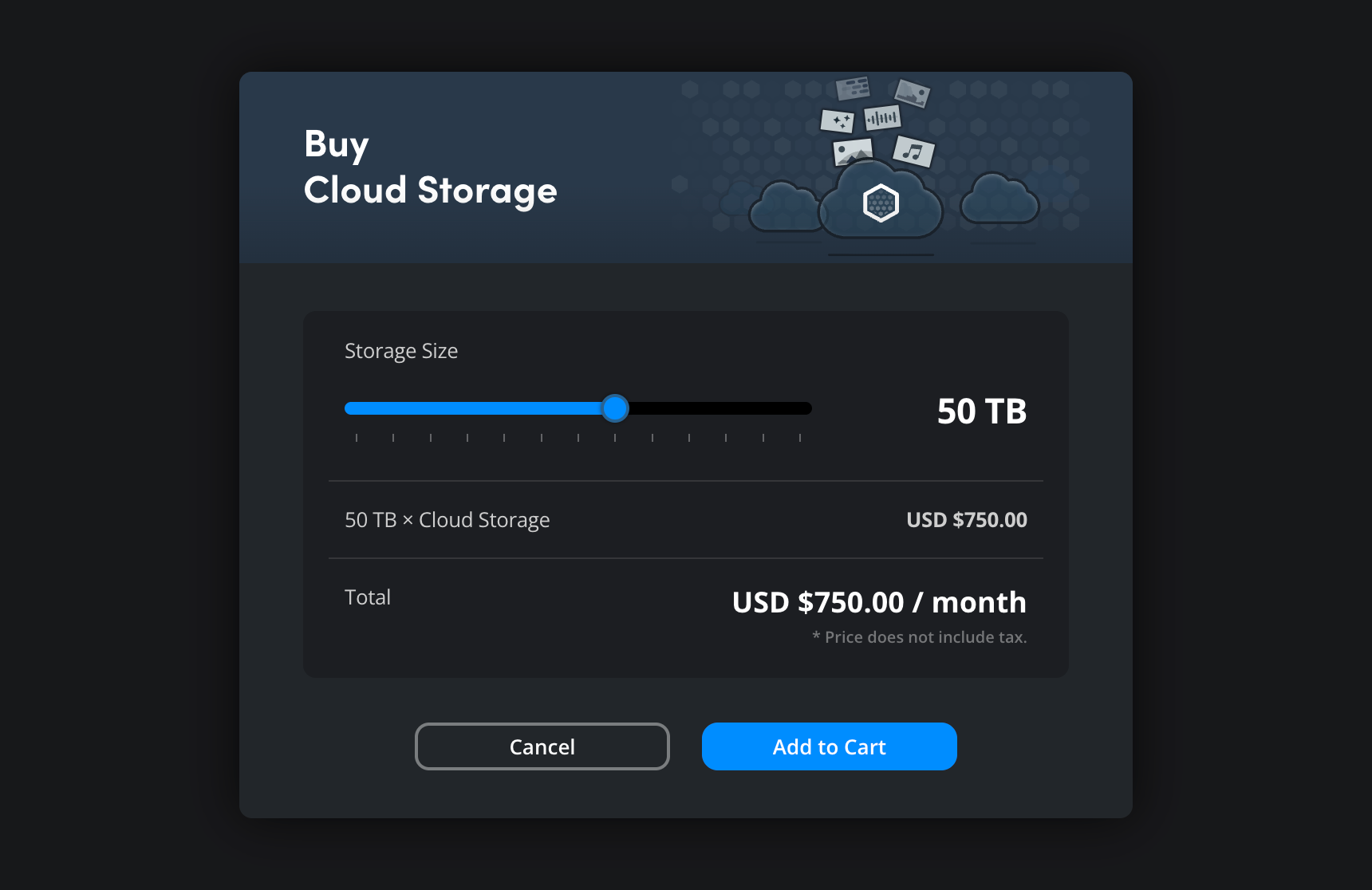 The Buy Cloud Storage dialog with slider control to adjust storage amount