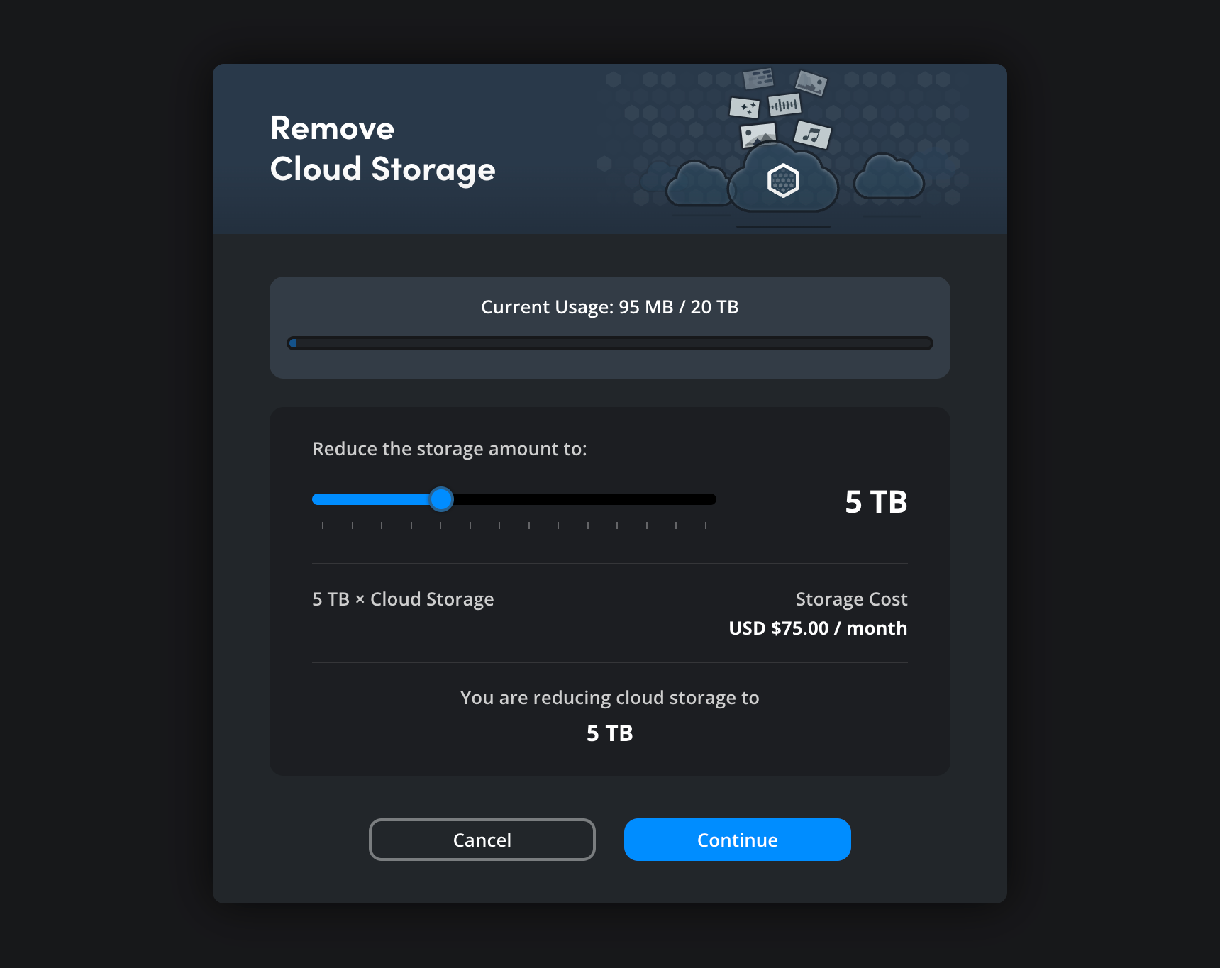 The Remove Cloud Storage dialog with storage usage indicator and slider