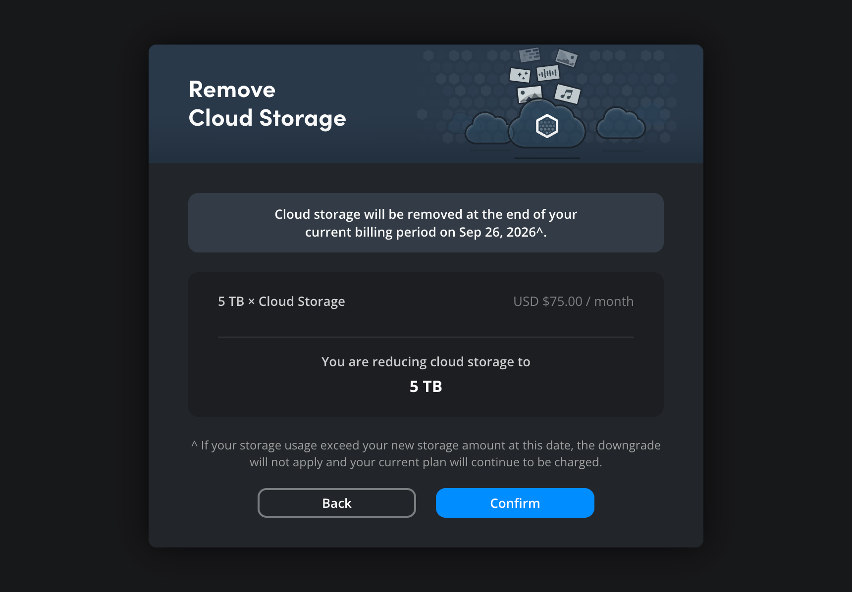 The Remove Cloud Storage confirmation dialog showing updated storage amount and pricing