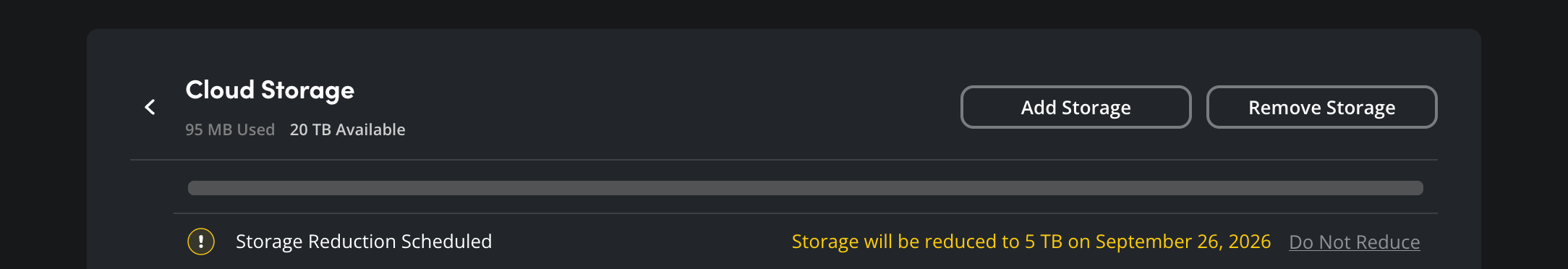 The Cloud Storage section showing Do Not Reduce link to cancel storage removal