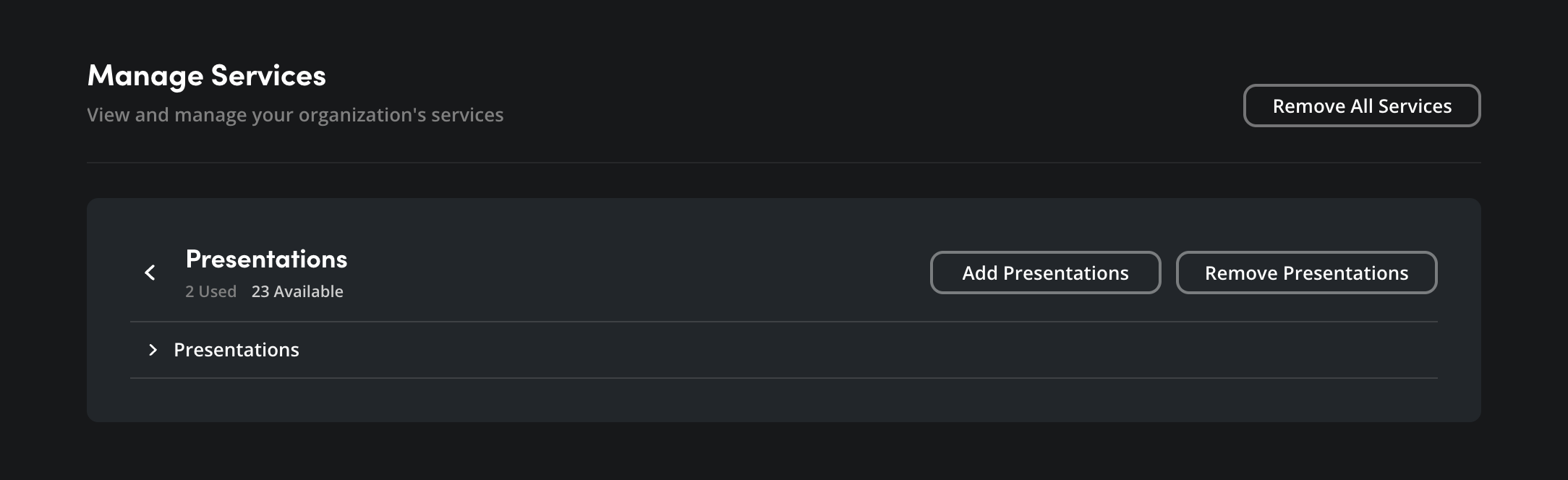 The Presentations page showing free and purchased presentations with Add/Remove buttons