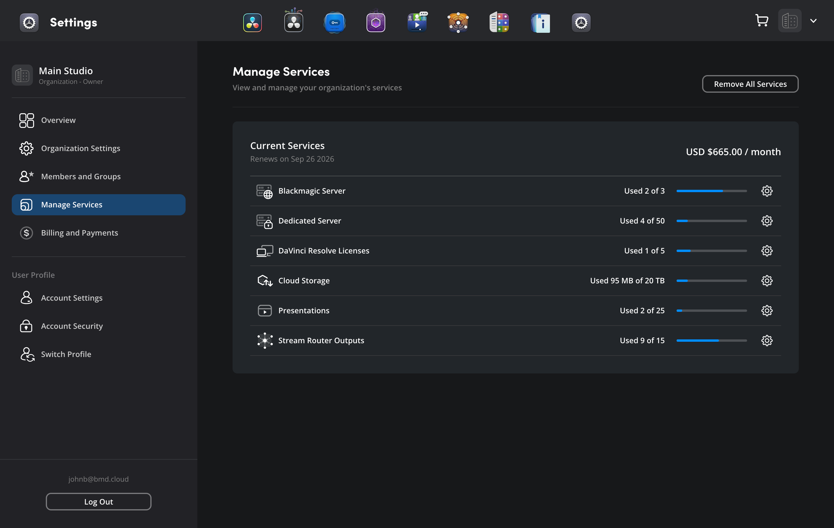 The Manage Services page showing Current Services list with usage information and settings icons
