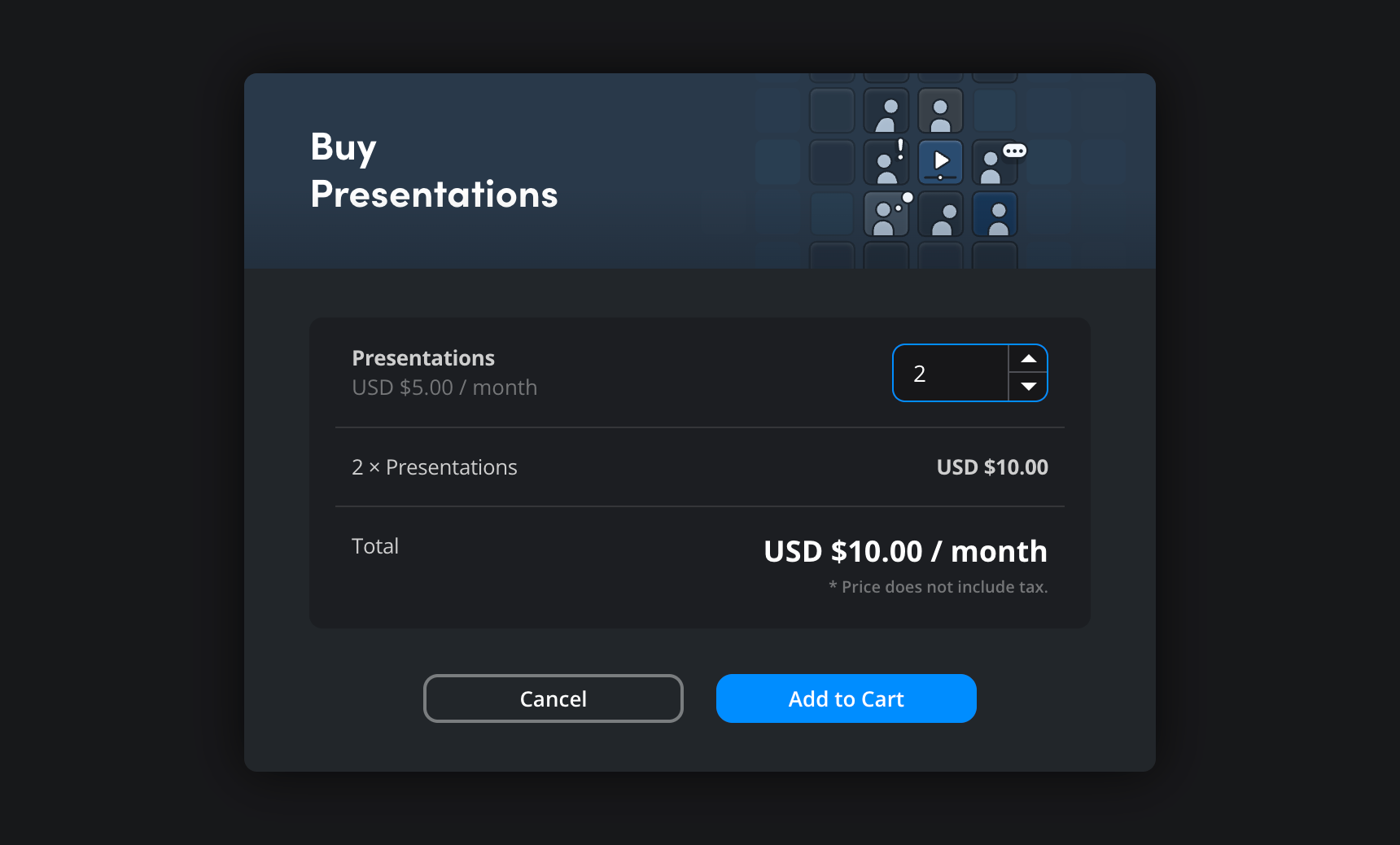 The Buy Presentations dialog with quantity input field
