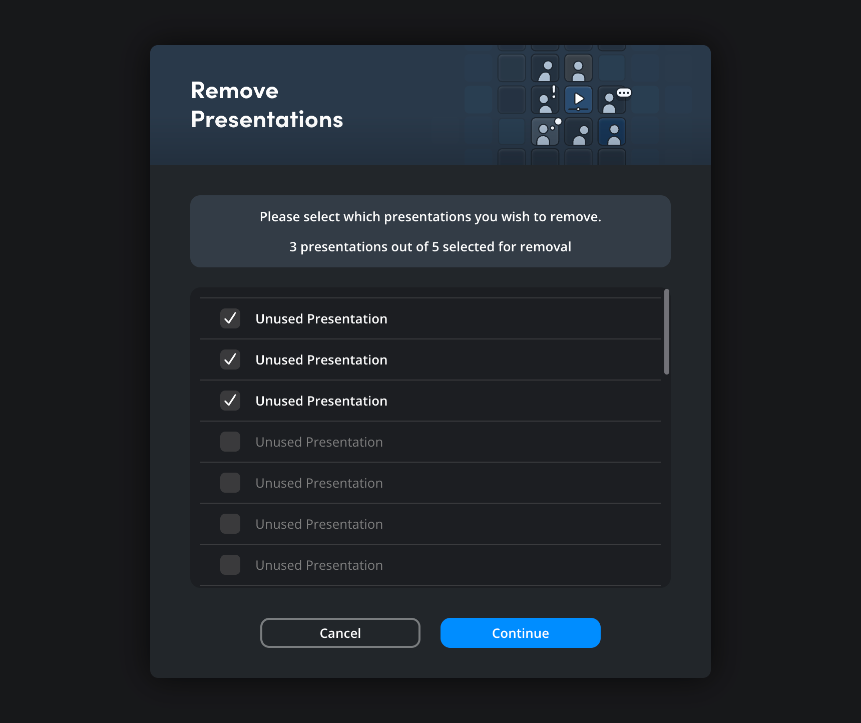 The Remove Presentations dialog with checkboxes to select presentations for removal