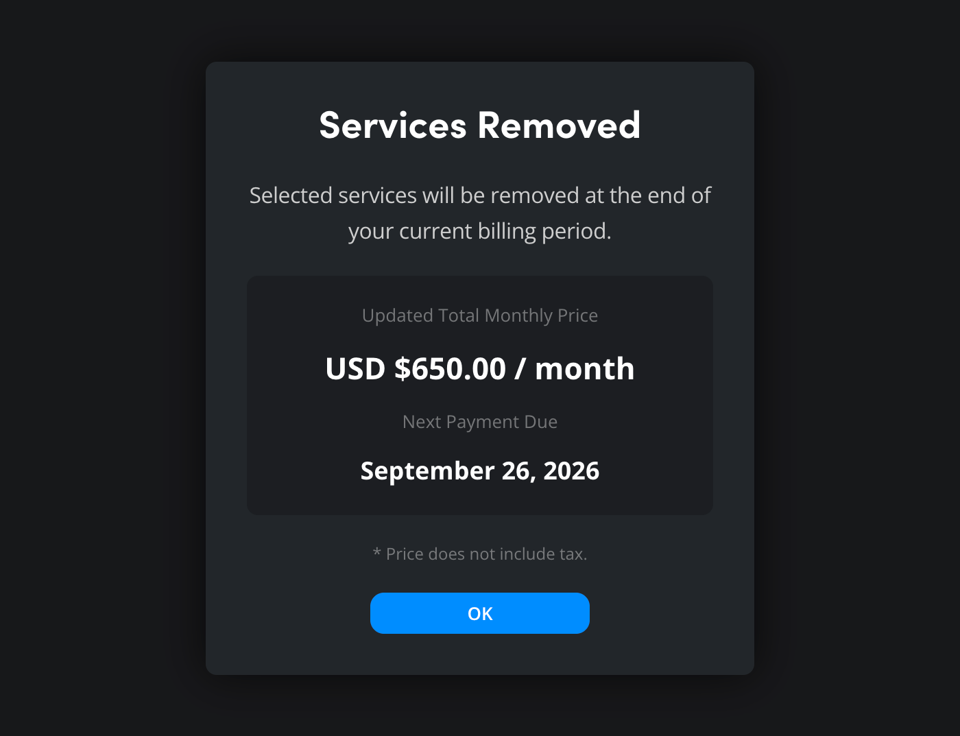 The confirmation window showing updated monthly pricing after presentation removal