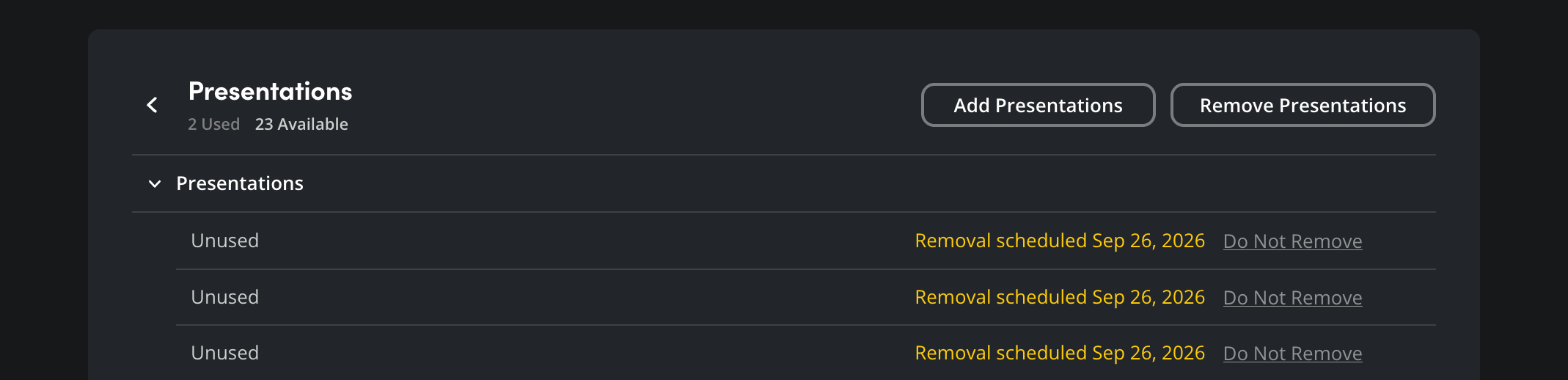 The Presentations section showing Do Not Remove link to cancel removal