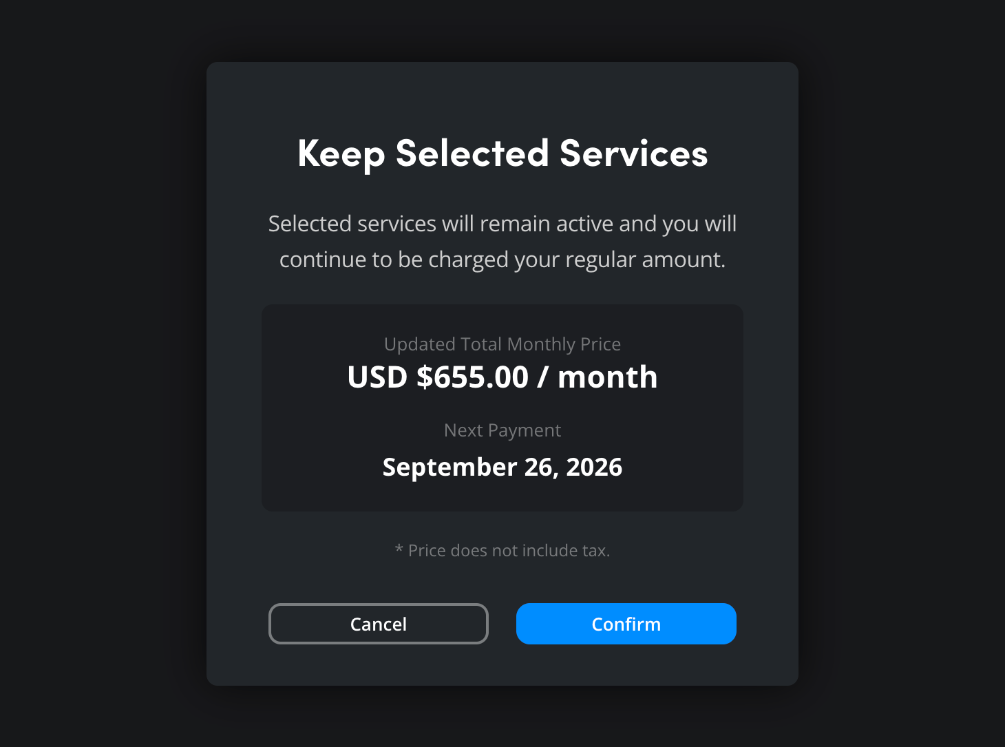 The confirmation dialog showing updated pricing after cancelling presentation removal