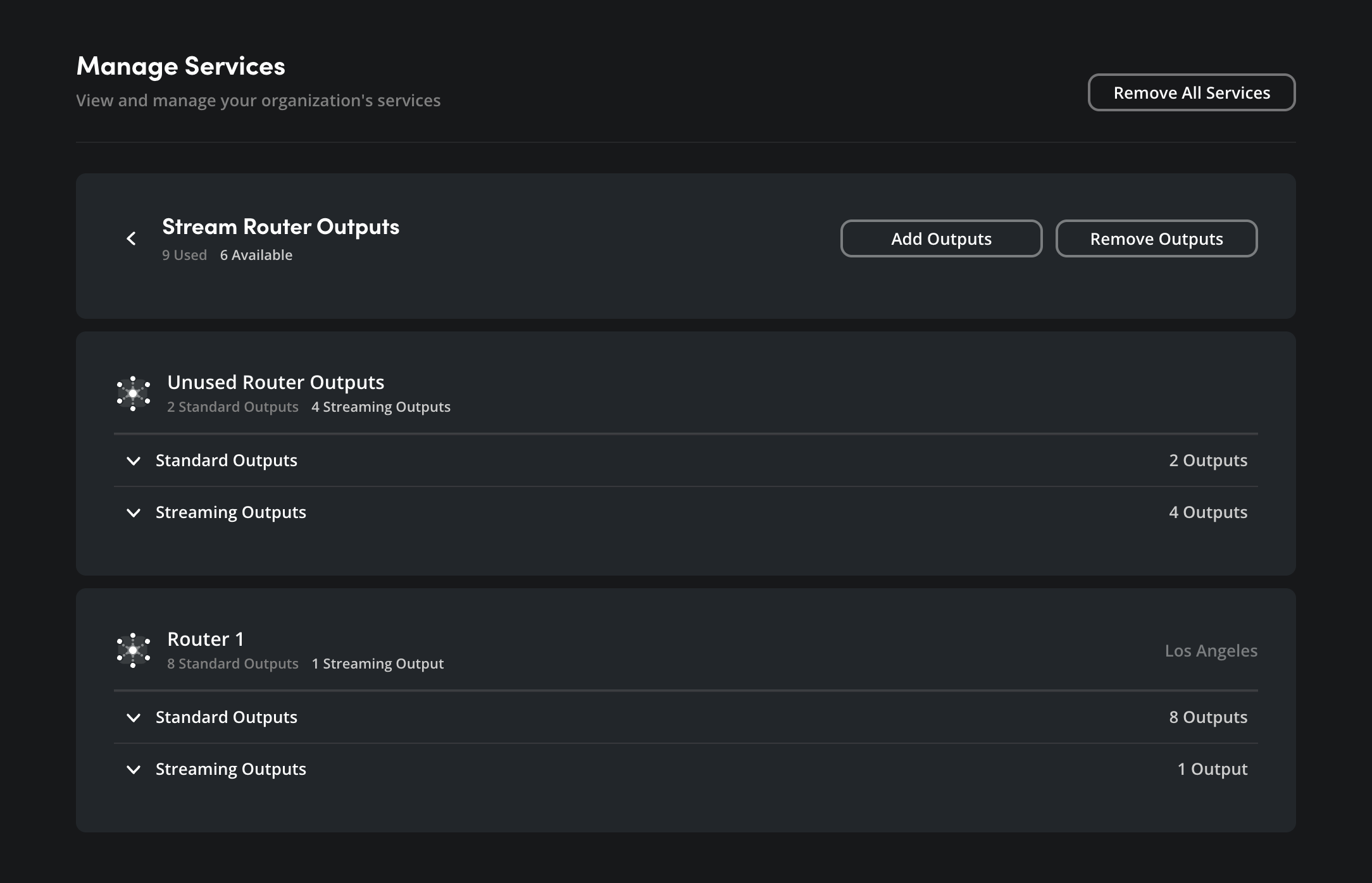 The Stream Router page showing current routers and outputs with Add/Remove buttons